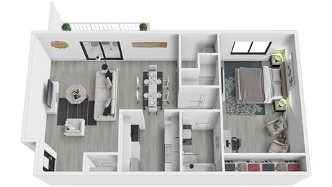A 3D floor plan of a small apartment with a kitchen, living room, and bedroom.
